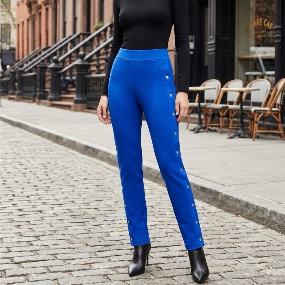 NWT Chiara Boni La Petite Robe Veerle Blue Snap Accent Pants Sz 8 (IT 44)
